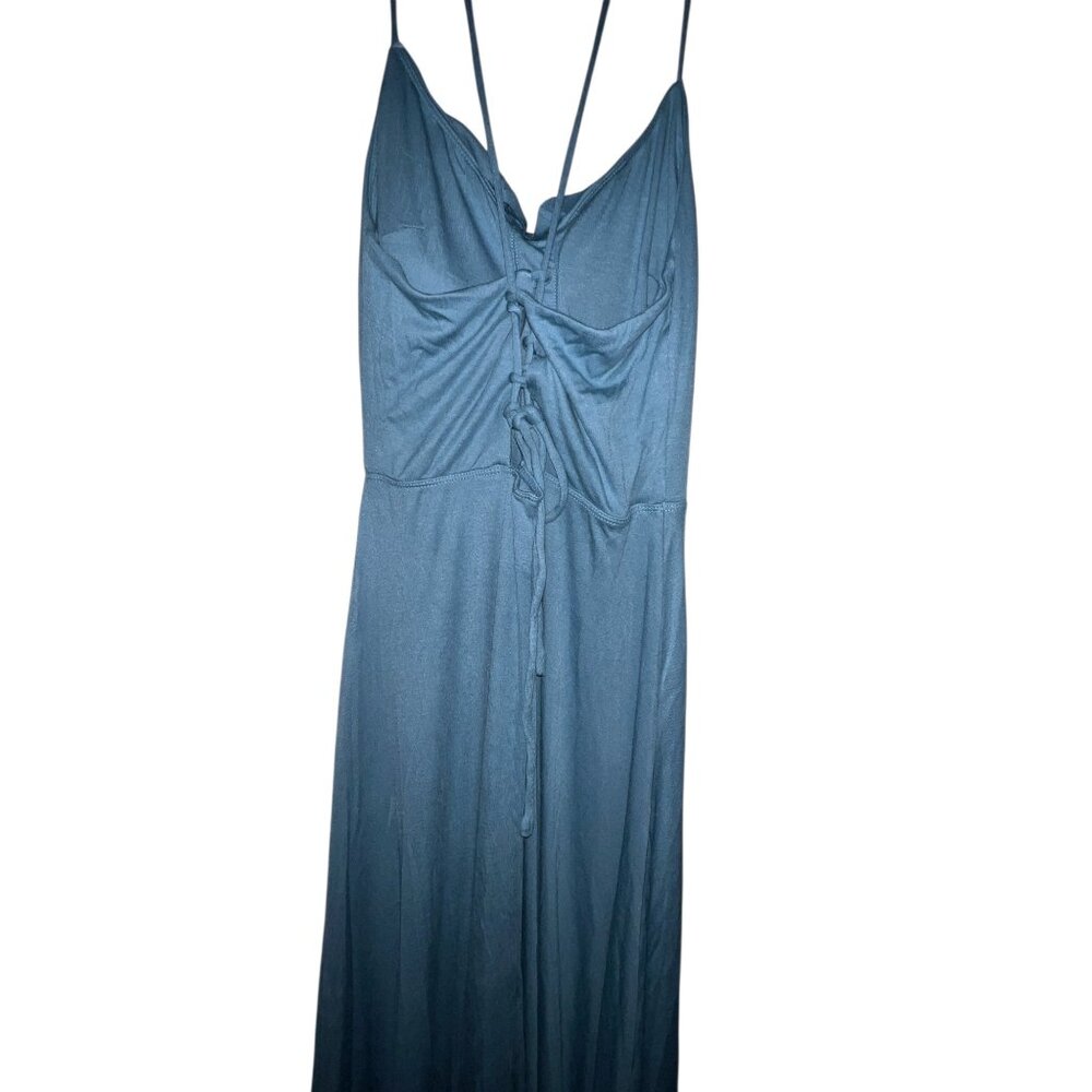 Halara Ribbed Cowl Neck Backless Crisscross Lace Up Party Dress Sz Medium Blue - Picture 9 of 9
